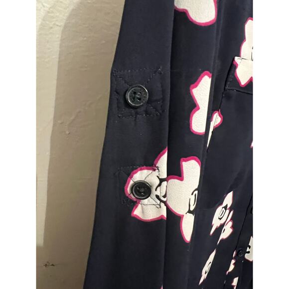 EXPRESS PORTOFINO DARK NAVY BLUE FUCHSIA FLORAL BLUE TOP BUTTON UP EUC XS - Picture 3 of 5